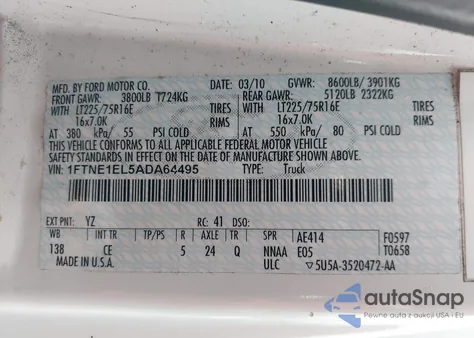 2010 Ford E-150 Commercial/Recreational from USA, damaged, VIN 1FTNE1EL5ADA64495